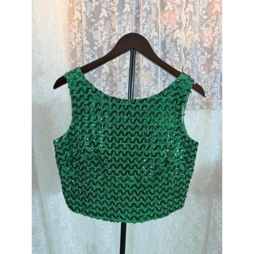 Vintage 1960's Emerald Green Sequin Crop Top Zigzag Chevron Pattern V-Back
